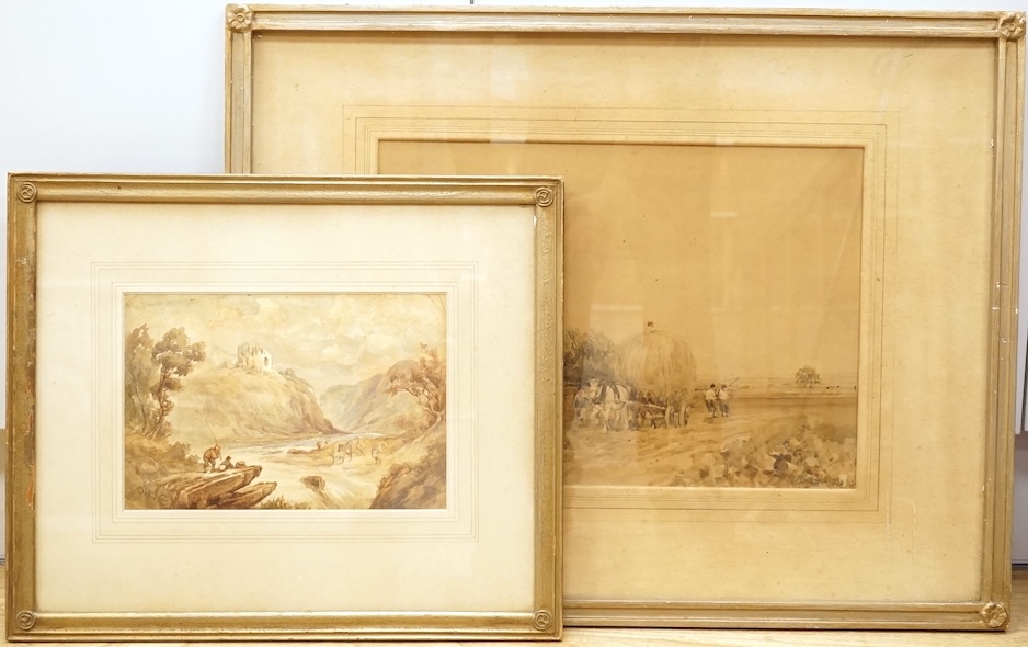 David Cox (1809-1885), Haymaking scene, signed and dated 1854, together with another smaller work, Riverscape with anglers, signed, two watercolours, 29 x 41cm